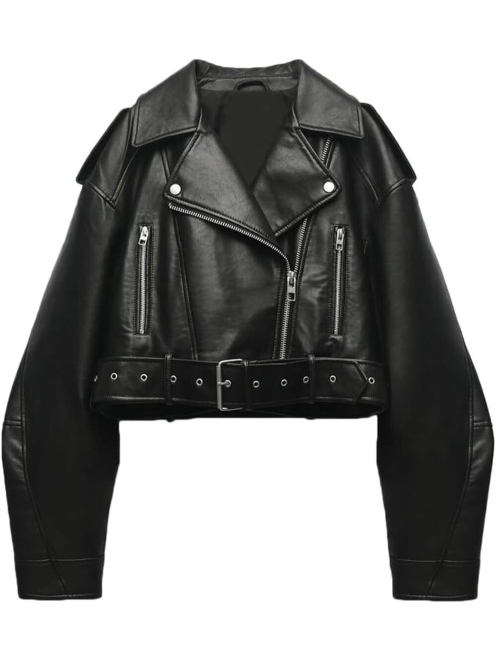 Women's Black Solid Faux Leather Cropped Distressed Zipper Belted Moto Jacket
